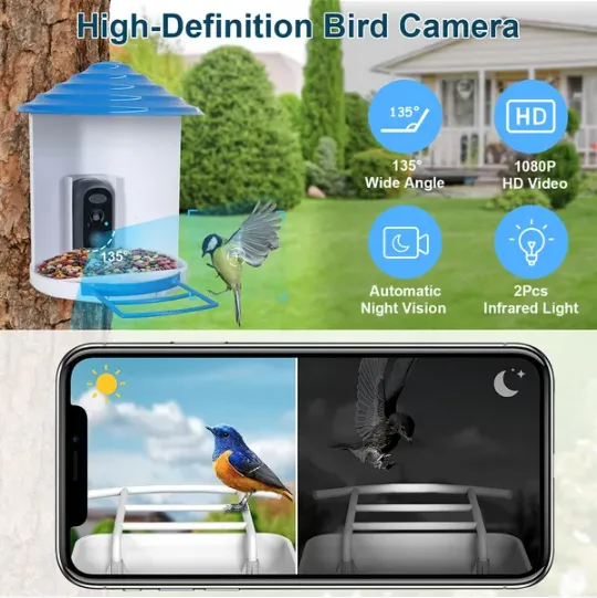 Smart Bird Feeder With Solar Powered Camera 1080P HD AI Identify PIR Motion Auto Capture Video Cloud Card Storage WiFi Connection App Control IP65 Waterproof view 2