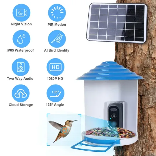 Smart Bird Feeder With Solar Powered Camera 1080P HD AI Identify PIR Motion Auto Capture Video Cloud Card Storage WiFi Connection App Control IP65 Waterproof view 4