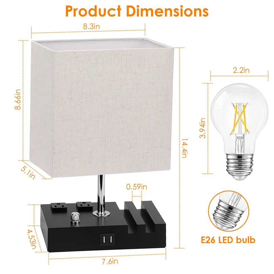 1 Pc Fully Dimmable Table Lamp For Bedroom Living Room Bedside Lamp For Nightstand Dual USB Ports 2 Power Outlets LED Bulb Included view 3