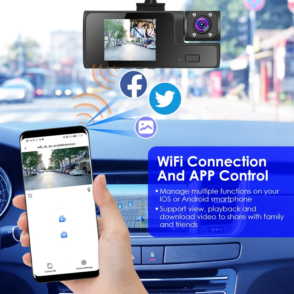 1Pc WiFi FHD 1080P Car Dash Cam 3 Channels Front Rear Inside Dash Camera With Loop Recording Reversing Visual 170 Degree Wide Angle 64G Card Included view 3