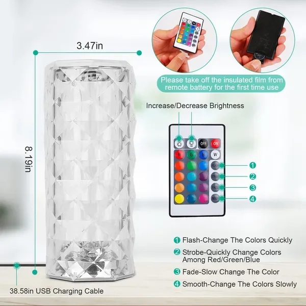 Crystal Diamond Rose Table Lamp Dimmable Remote Touch Control Night Light view 2