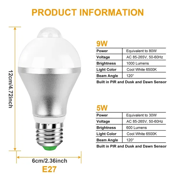E27 Motion Sensor Light Bulb 9W 5W 6500K Dusk To Dawn view 2