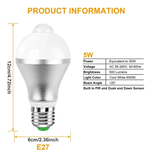 E27 Motion Sensor Light Bulb 9W 5W 6500K Dusk To Dawn view 4