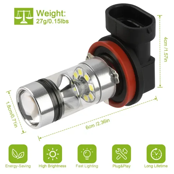 2PCS 1000lm 100W  LED Fog DRL Light Bulb IP65 Water-Resistant 360 Degree Beam Angle 6000K White By  Eggracks By Global Phoenix view 4