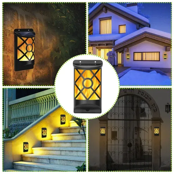 Flame Solar Lights Outdoor 96 LEDs Waterproof Flickering Flame Wall Mount Lamp Auto On Off view 4