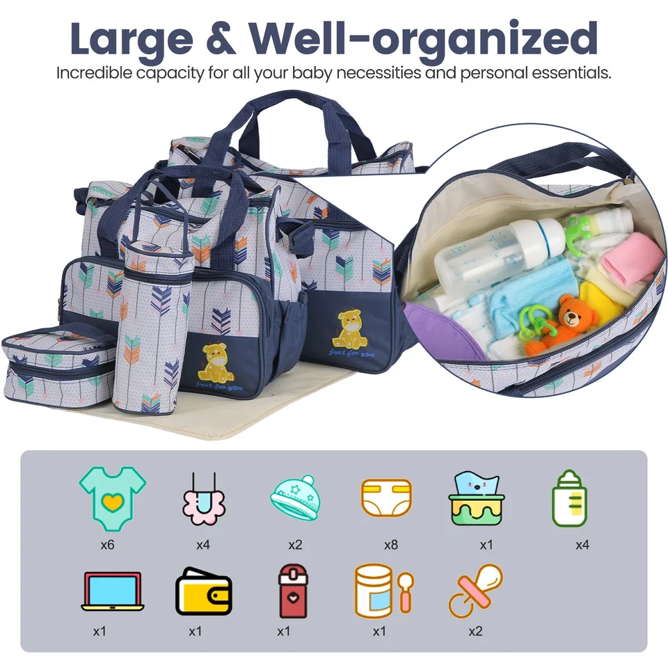 5Pcs Baby Nappy Diaper Bags Set Mummy Diaper Handbags With Diaper Pad Food Bag Bottle Bag Travel Tote Bags For Mom Dad view 3