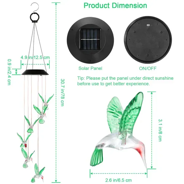 LED Solar Hummingbird Wind Chime Solar String Lights 6 LEDs Color view 3