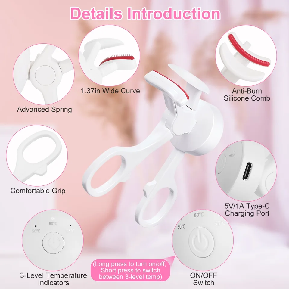 2Pcs Heated Eyelash Curler Electric USB Rechargeable Eyelash Curler Anti Burn Compact With Comb Heat Up Fast Within 8S For All Eye Shapes For Women Make Up Gift Travel Valentine Mother Day view 2