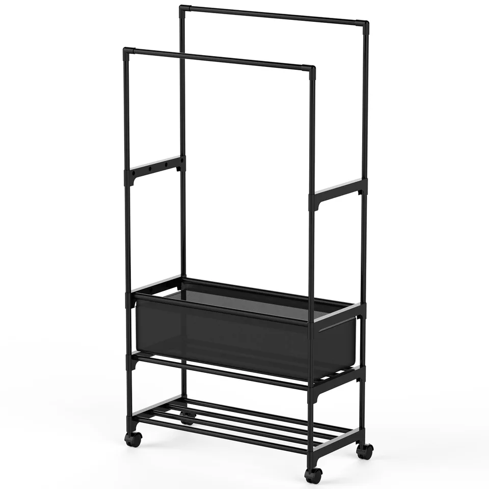 1 Pc Double Rods Garment Rack With Storage Bag Portable Clothing Rack With Shelves Lockable Wheels Small Portable Closet Storage Bag Height view 4