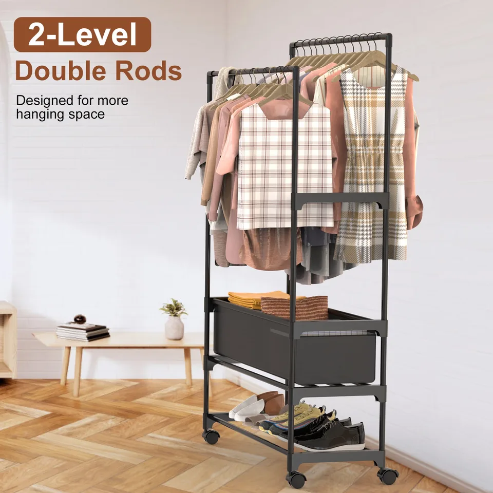 1 Pc Double Rods Garment Rack With Storage Bag Portable Clothing Rack With Shelves Lockable Wheels Small Portable Closet Storage Bag Height view 2
