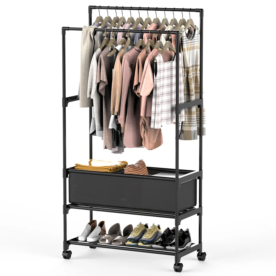 1 Pc Double Rods Garment Rack With Storage Bag Portable Clothing Rack With Shelves Lockable Wheels Small Portable Closet Storage Bag Height view 3