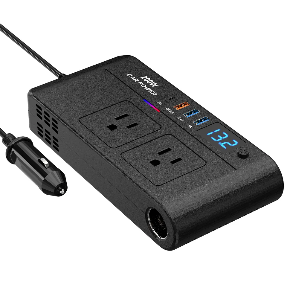 1Pc 200W 12V Car Inverter DC12V To AC110V Vehicle Power Converter With 2 110V AC Outlets 1 TypeC 3 USB Port Quick Charge Overheat Protection Voltage Display For Camping Road Trip
