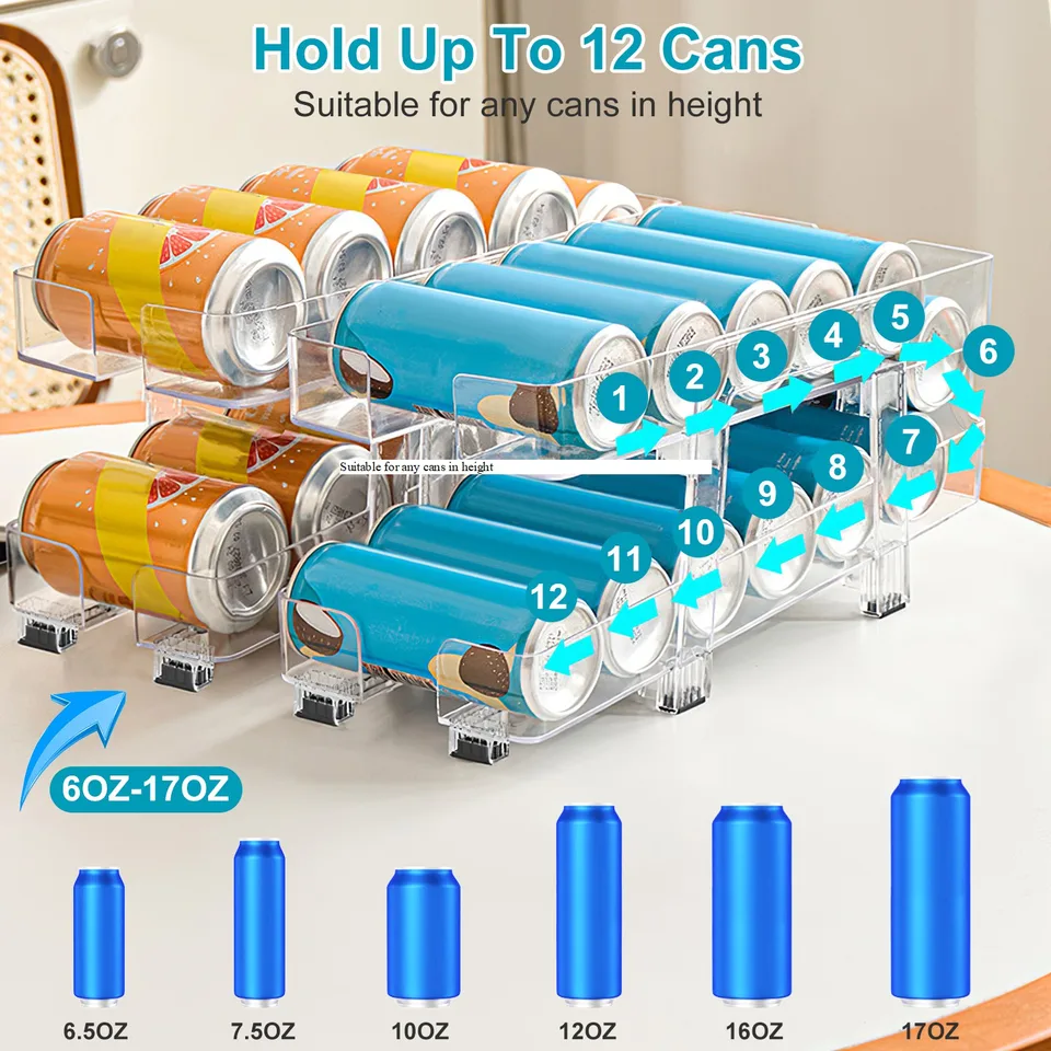 2 Pack Adjustable Soda Can Organizers 2 Tier Can Holders Beverage Dispensers For Fridge Pantry Cabinet 7 Degree Slope Auto Rolling view 3