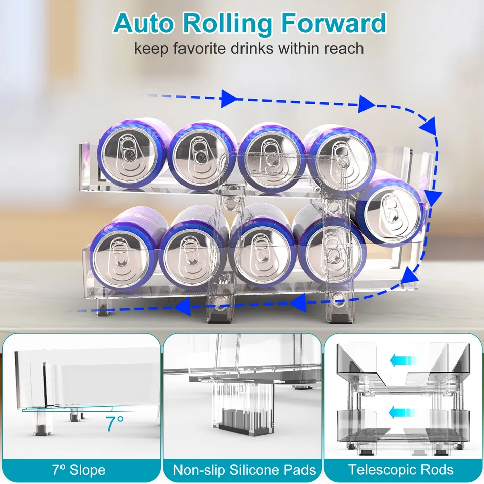 2 Pack Adjustable Soda Can Organizers 2 Tier Can Holders Beverage Dispensers For Fridge Pantry Cabinet 7 Degree Slope Auto Rolling view 4