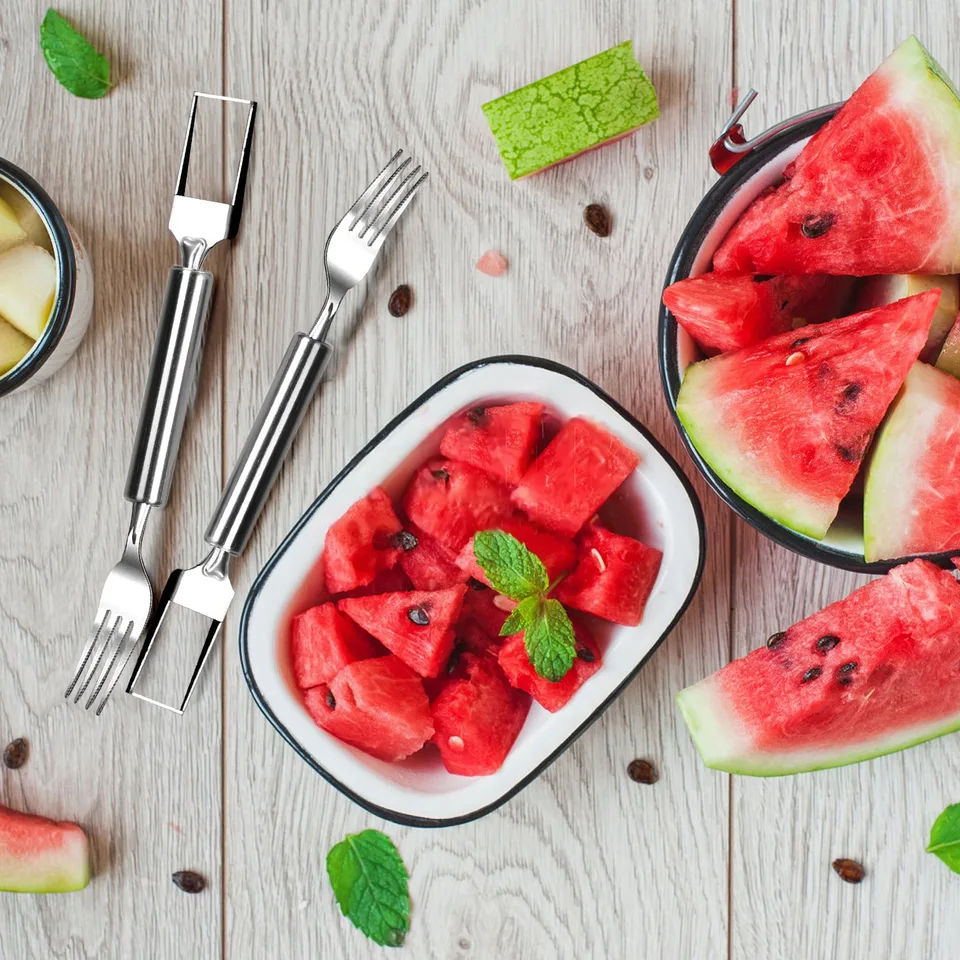 5 Pcs 2 In 1 Watermelon Cutter Slicer Fork Stainless Steel Dual Head Watermelon Fruit Cutting Fork Knife For Summer Family Gathering Friend view 4