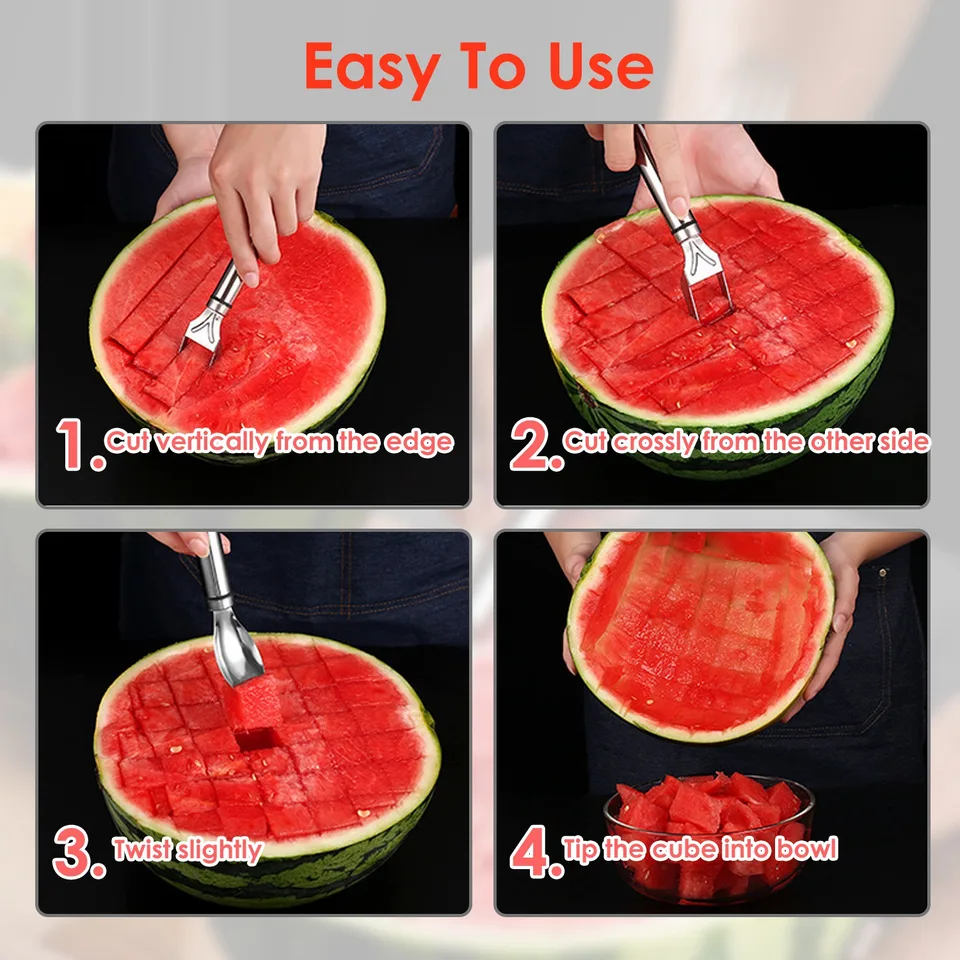 5 Pcs 2 In 1 Watermelon Cutter Slicer Fork Stainless Steel Dual Head Watermelon Fruit Cutting Fork Knife For Summer Family Gathering Friend view 2