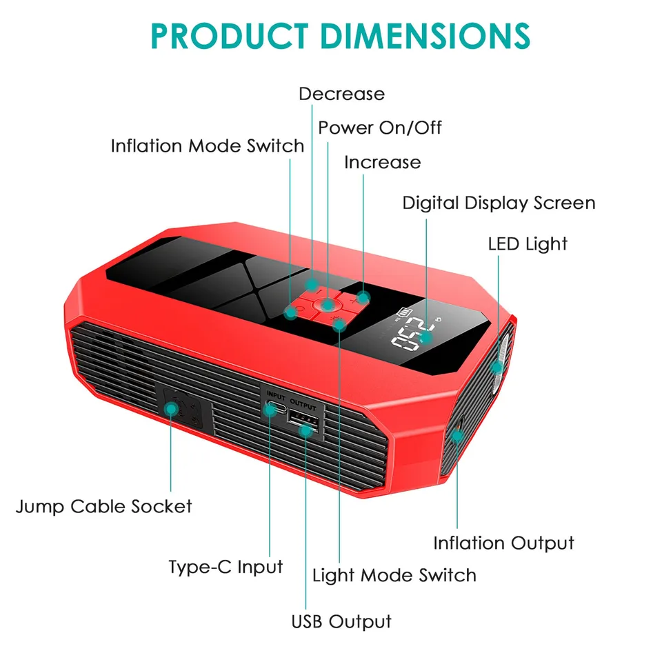 1Pc Portable Car Jump Starter Air Compressor 1500A 400PSI Car Battery Charger Jump Starter Power Bank LED Flashlight Digital Tire Inflator For 4.0L Gasoline Or 2.0L Diesel Engine view 3
