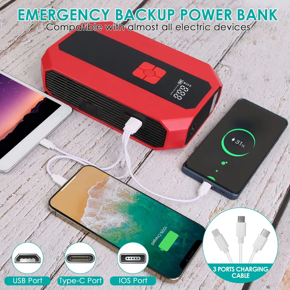 1Pc Portable Car Jump Starter Air Compressor 1500A 400PSI Car Battery Charger Jump Starter Power Bank LED Flashlight Digital Tire Inflator For 4.0L Gasoline Or 2.0L Diesel Engine view 2