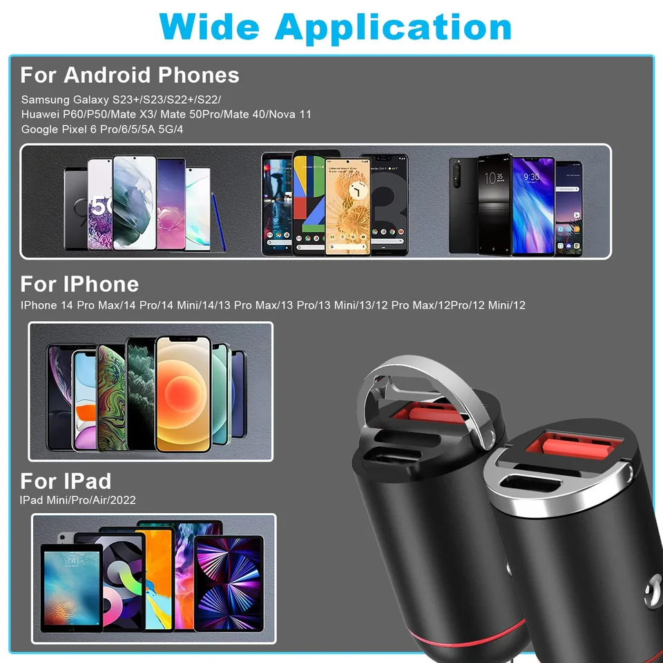 2 Pcs 1,00W USB TypeC Car Charger QC4.0 PD3.0 USB Fast Charging Adapter Dual Port Car Cigarette Lighter Compatible With Phone Pad view 3