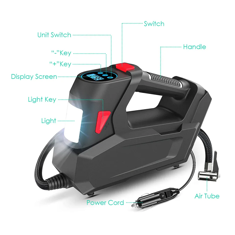 1 Pc Portable Tire Inflator 120 PSI Maximum 90W Powered Tire Inflator With Digital Display LED Light Inflatable Nozzle Needle Fuse Air view 3