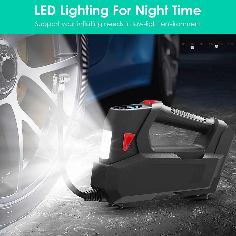 Vue 8 de 1 Pc Portable Tire Inflator 120 PSI Maximum 90W Powered Tire Inflator With Digital Display LED Light Inflatable Nozzle Needle Fuse Air