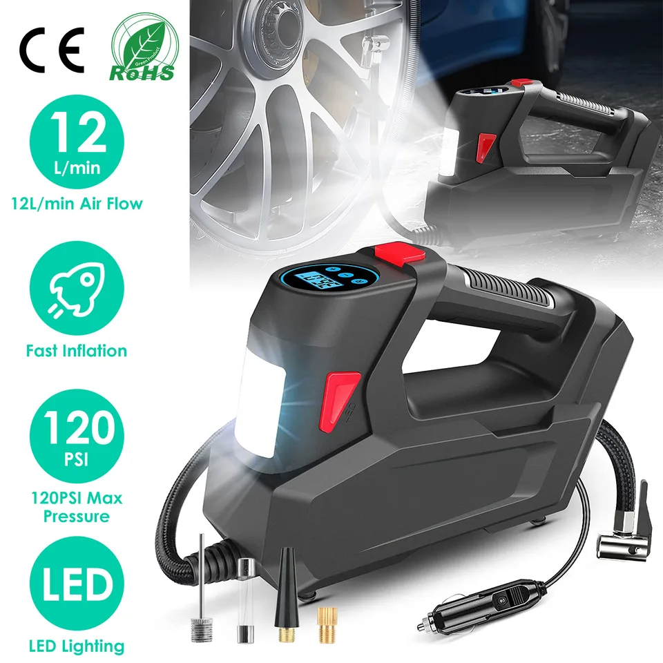 1 Pc Portable Tire Inflator 120 PSI Maximum 90W Powered Tire Inflator With Digital Display LED Light Inflatable Nozzle Needle Fuse Air