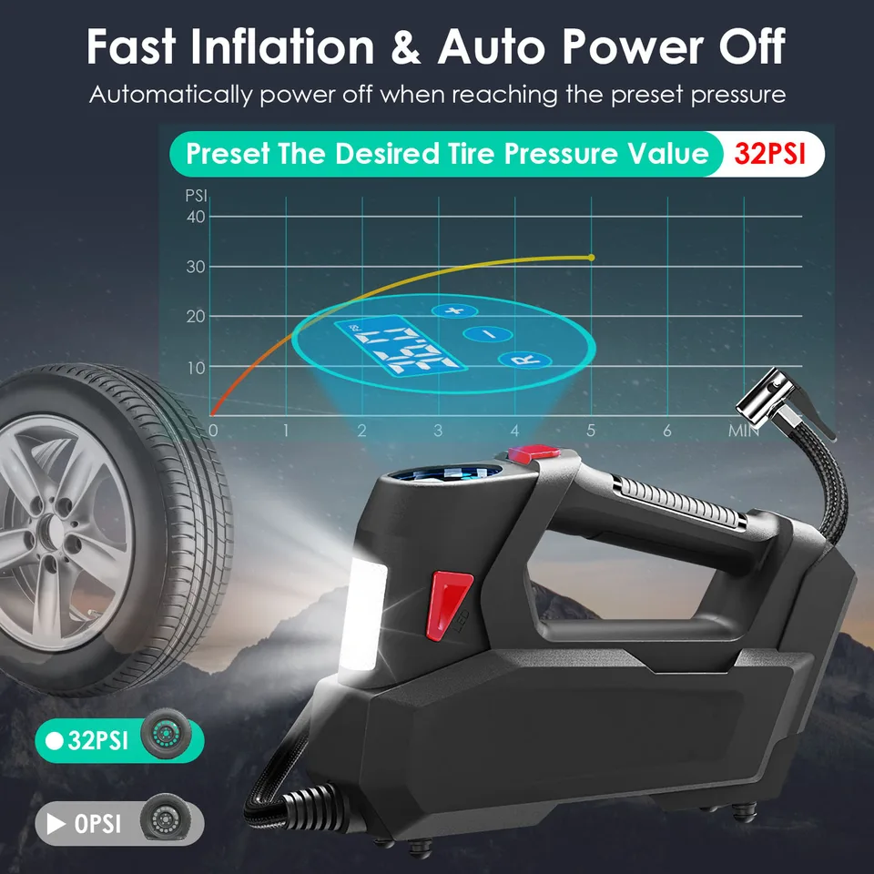 Vue 6 de 1 Pc Portable Tire Inflator 120 PSI Maximum 90W Powered Tire Inflator With Digital Display LED Light Inflatable Nozzle Needle Fuse Air