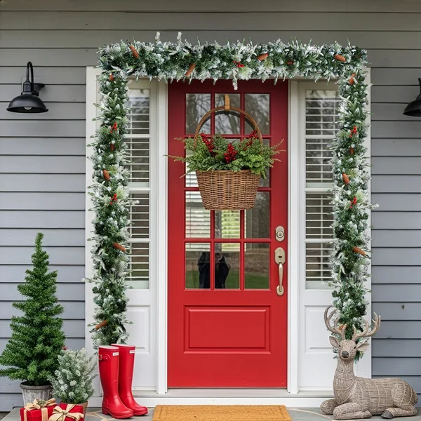 2 Pack 9FT Pre-lit Snow Flocked Christmas Garland, Lighted Artificial Xmas Garland With 200 Warm Lights And 440 Tips And Red Berries, For Front Door Gate Wall Xmas Party Decorations, Snowy Green view 4