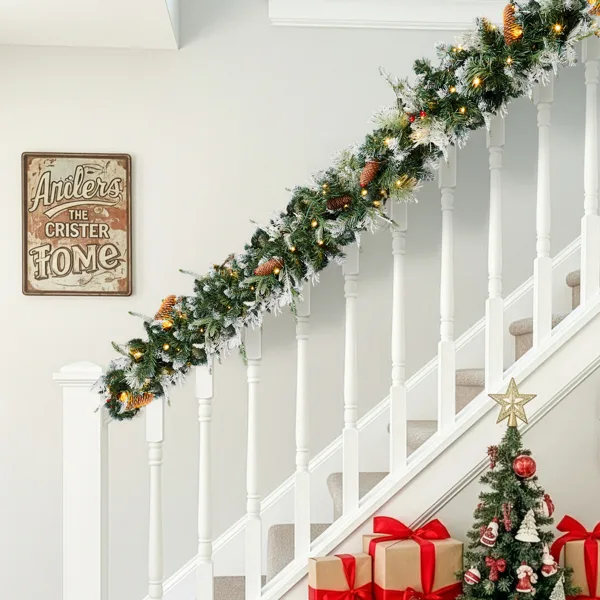 2 Pack 9FT Pre-lit Snow Flocked Christmas Garland, Lighted Artificial Xmas Garland With 200 Warm Lights And 440 Tips And Red Berries, For Front Door Gate Wall Xmas Party Decorations, Snowy Green view 2