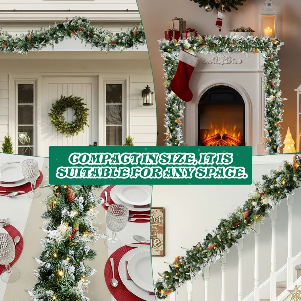 2 Pack 9FT Pre-lit Snow Flocked Christmas Garland, Lighted Artificial Xmas Garland With 200 Warm Lights And 440 Tips And Red Berries, For Front Door Gate Wall Xmas Party Decorations, Snowy Green view 3