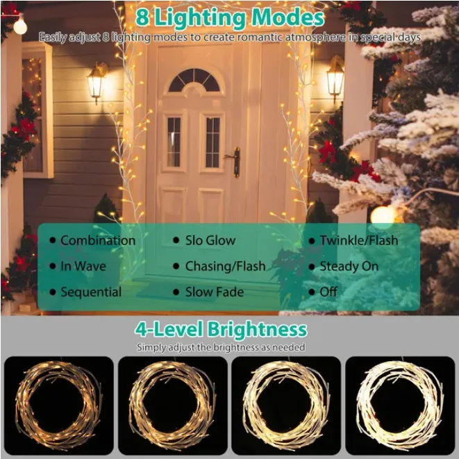 Birch Flower Wreath With Light String And Timer, 8 Modes, IP45 Waterproof view 2