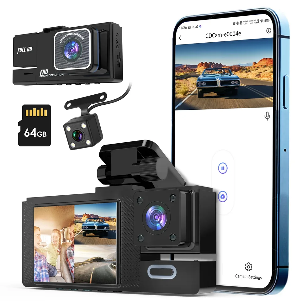 1Pc WiFi FHD 1080P Car Dash Cam 3 Channels Front Rear Inside Dash Camera With Loop Recording Reversing Image Night Vision 170 Degree Wide Angle Support 64G MMC Card Included view 3