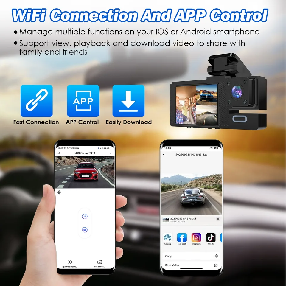 1Pc WiFi FHD 1080P Car Dash Cam 3 Channels Front Rear Inside Dash Camera With Loop Recording Reversing Image Night Vision 170 Degree Wide Angle Support 64G MMC Card Included view 4