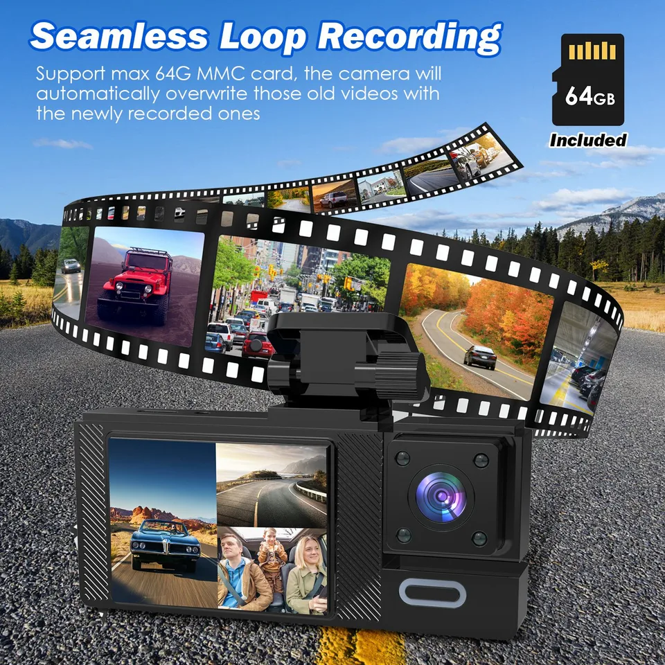 1Pc WiFi FHD 1080P Car Dash Cam 3 Channels Front Rear Inside Dash Camera With Loop Recording Reversing Image Night Vision 170 Degree Wide Angle Support 64G MMC Card Included view 2