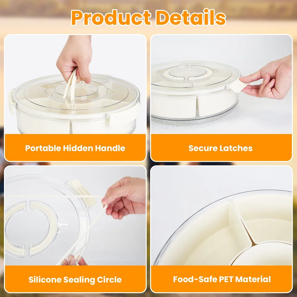 2 Pcs Divided Serving Tray With Lid And Handle 360 Degree Rotatable Snack Box Container With 6 Dividers Clear Portable Snack Platters For view 3