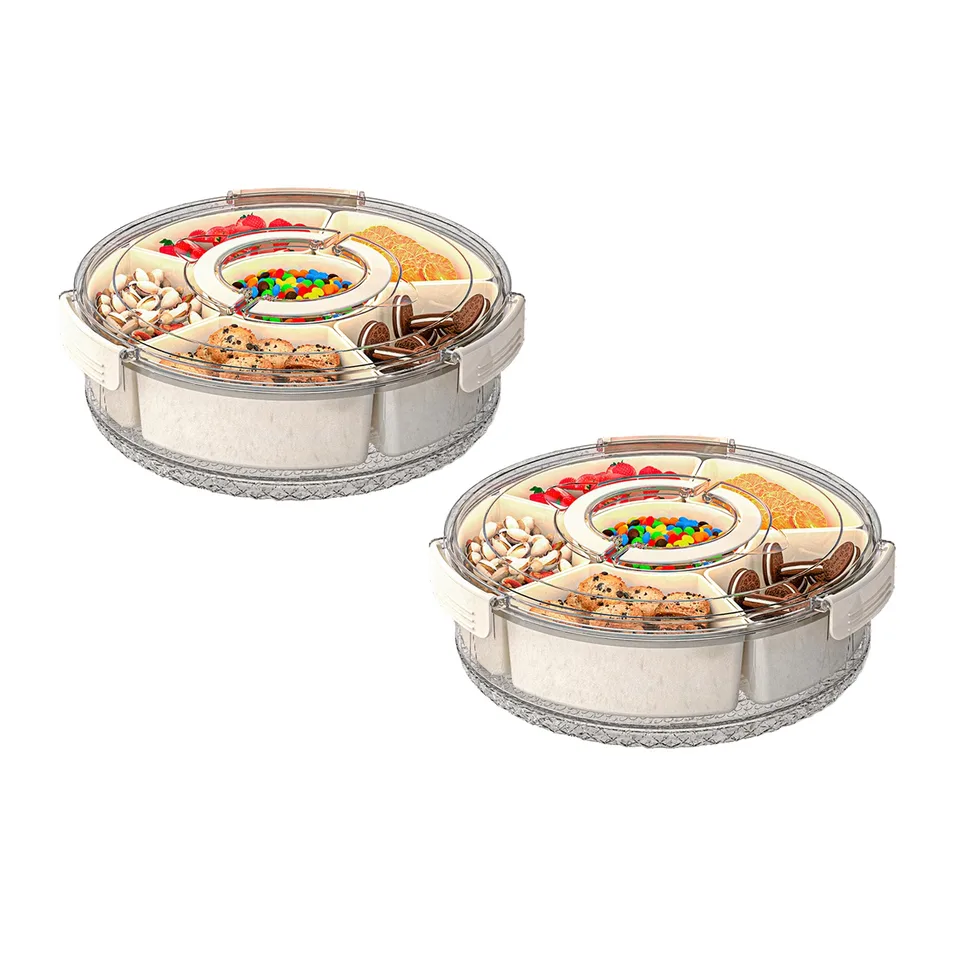 2 Pcs Divided Serving Tray With Lid And Handle 360 Degree Rotatable Snack Box Container With 6 Dividers Clear Portable Snack Platters For view 2
