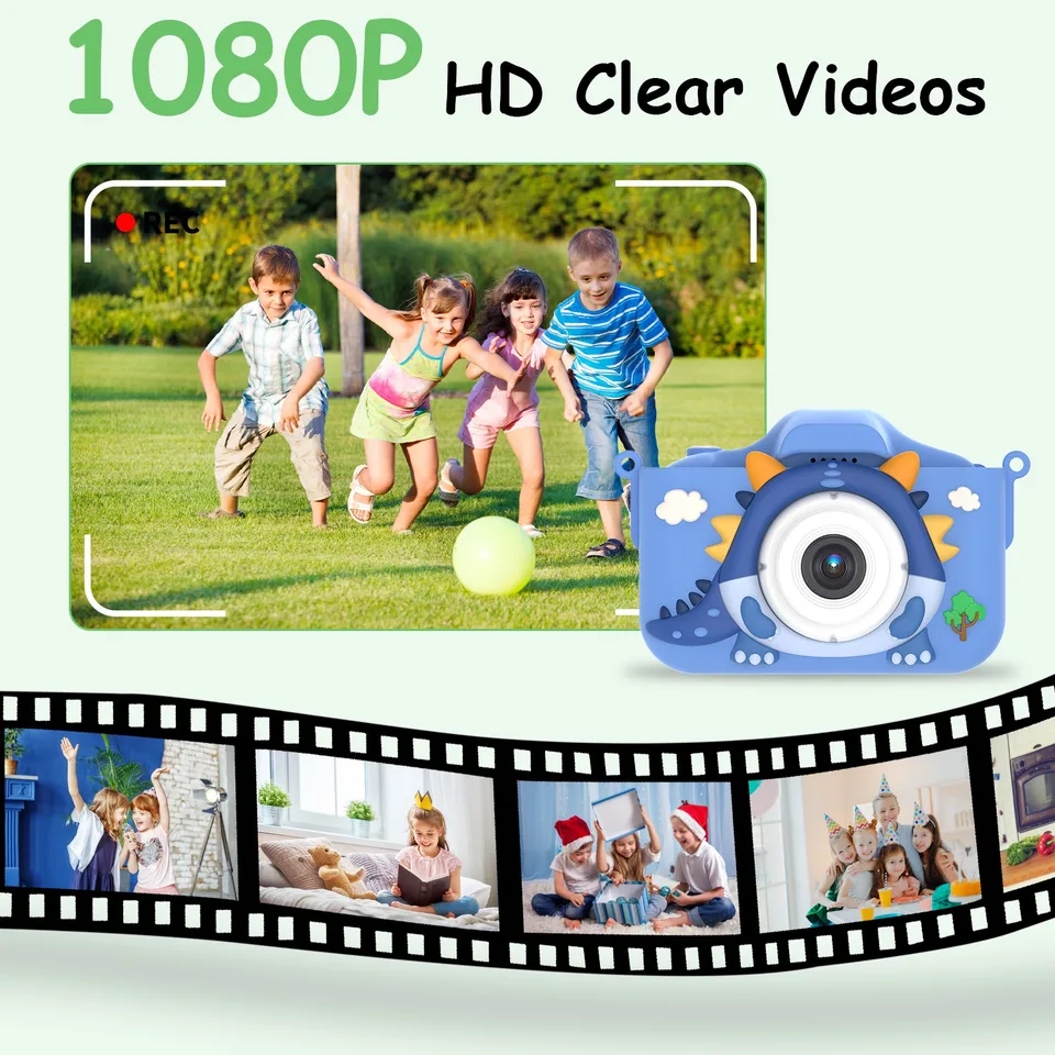 Pink-Blue Options -- 1Pc Dinosaur Kids Selfie Camera Cartoon Camera 48MP 1080P HD Digital Camera With Cartoon Case Card Reader 32G MMC Card For Boys Girls Above Aged 6 Years Old view 4
