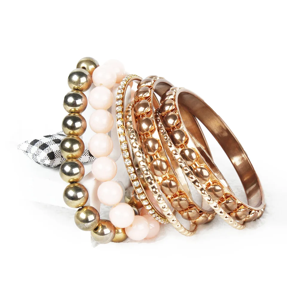 7-Piece Retro Burnished Gold Inlaid Rhinestones Bangle Bracelet Set view 3