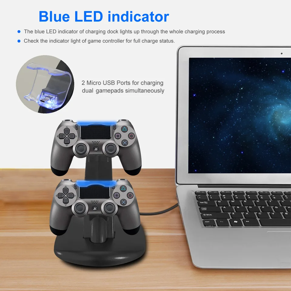 Charging Dock Station Dual Micro USB Charger Stand For PS4 Pro-PS4 Slim Gamepad Controller Handle Charging Station With Blue Indicator Game view 2