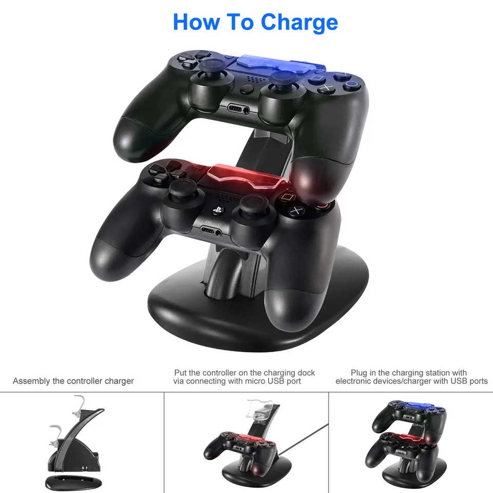 Charging Dock Station Dual Micro USB Charger Stand For PS4 Pro-PS4 Slim Gamepad Controller Handle Charging Station With Blue Indicator Game view 3