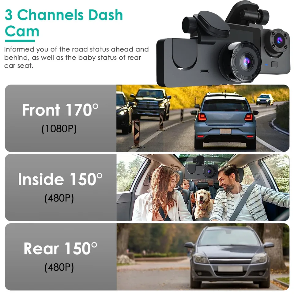 3 Channel Dash Cam Front Inside Rear Vehicle Driving Recorder Car DVR With 32G MMC Card G Sensor Motion Detection Parking Monitor Loop Recording view 3
