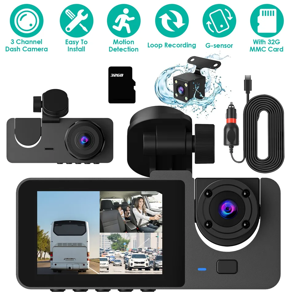 3 Channel Dash Cam Front Inside Rear Vehicle Driving Recorder Car DVR With 32G MMC Card G Sensor Motion Detection Parking Monitor Loop Recording view 2