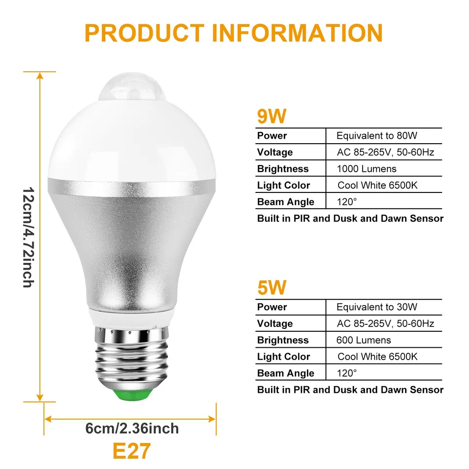 E27 Motion Sensor Light Bulb 9W 6500K Dusk To Dawn Automatic On-Off LED Light Bulb Indoor Outdoor Use view 4