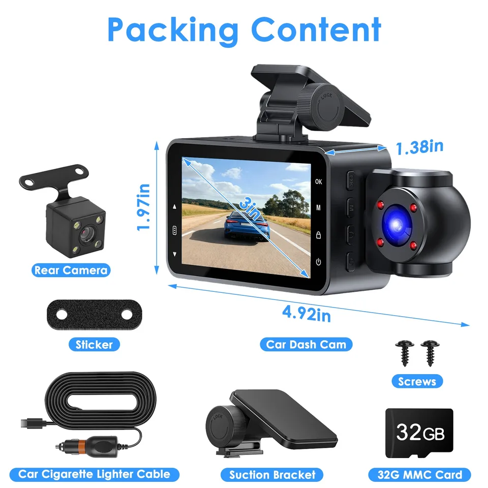 WiFi FHD 1080P 3 Channel Car Dash Cam Front Rear Inside With 32G MMC Card Motion Detection Loop Recording Infrared Night Vision Surveillance Car Camera With App Control view 2