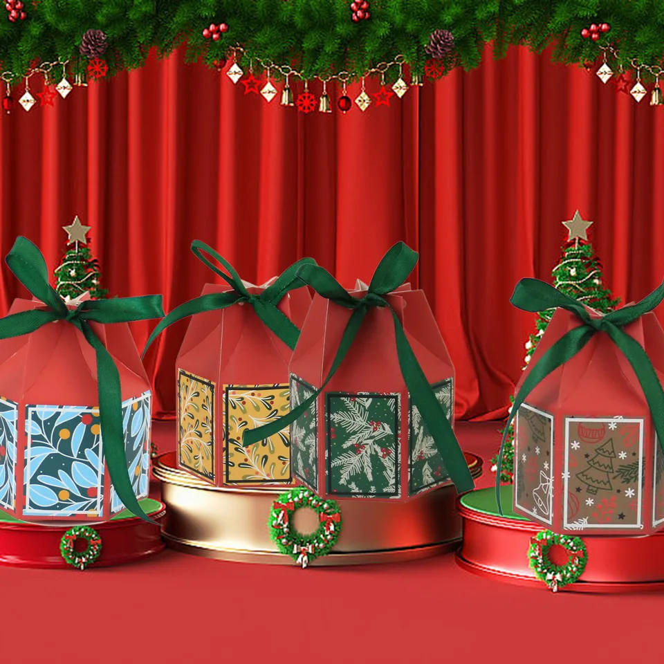 20PCS Christmas Treat Boxes With Ribbons Paper Christmas Tree Bells Pattern Goodie Box Retro Candy Bakery Box For Christmas Party Favors Wrapping Supplies view 4