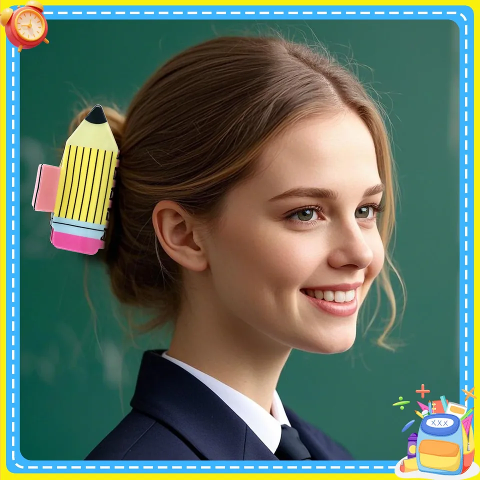 4Pcs Pencil Hair Clips Back To School Hair Accessories For Women Sunflower Leopard Stripe Hair Claw Clips Non Slip Hairpin For Thick Thin Hair School Opens Season Teachers Outfit Decor Clearance view 3