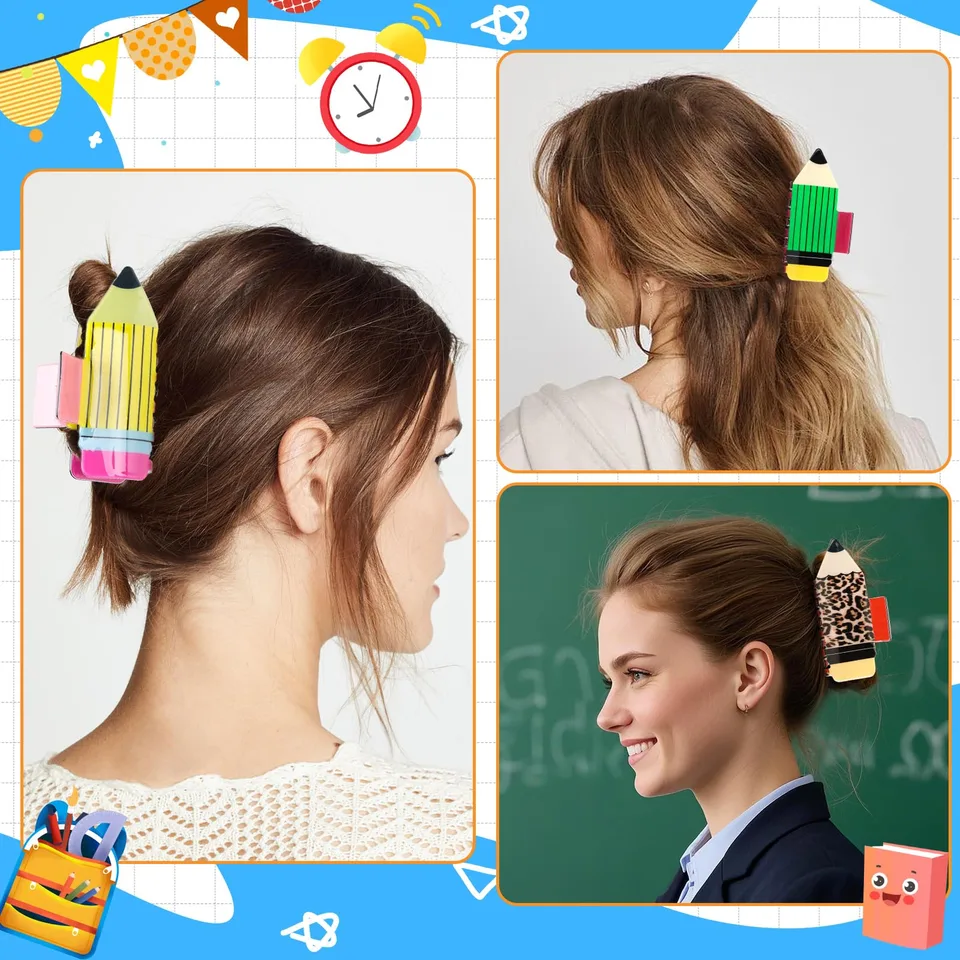 4Pcs Pencil Hair Clips Back To School Hair Accessories For Women Sunflower Leopard Stripe Hair Claw Clips Non Slip Hairpin For Thick Thin Hair School Opens Season Teachers Outfit Decor Clearance view 2