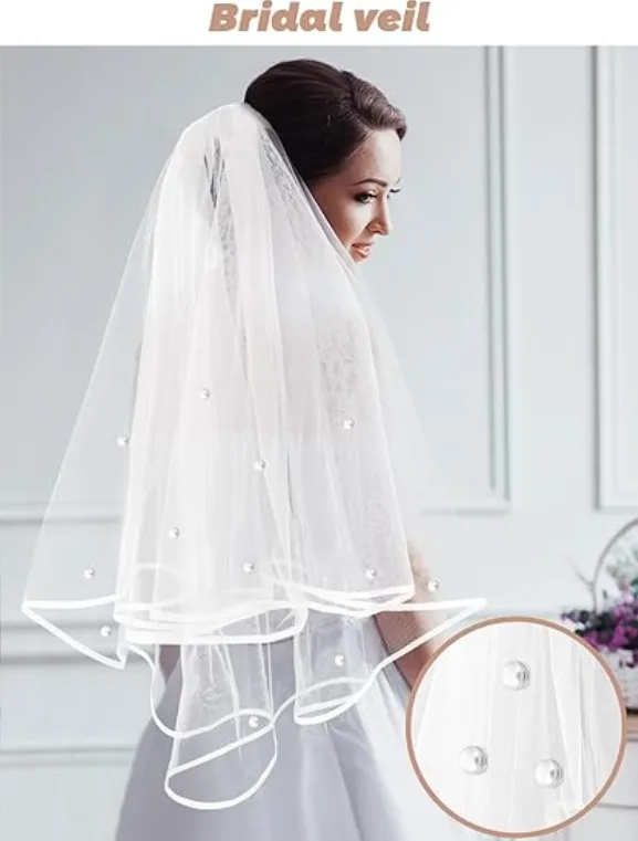 Bridal Veil Wedding Veil Weights Short 2 Tier Veil And 12 Pairs Veil Weights Magnetic Double Sided Artificial Pearls Silver Button For Bachelorette Party Bridal Shower Veil First Communion Clearance view 4