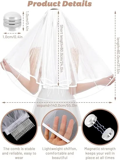 Bridal Veil Wedding Veil Weights Short 2 Tier Veil And 12 Pairs Veil Weights Magnetic Double Sided Artificial Pearls Silver Button For Bachelorette Party Bridal Shower Veil First Communion Clearance view 2