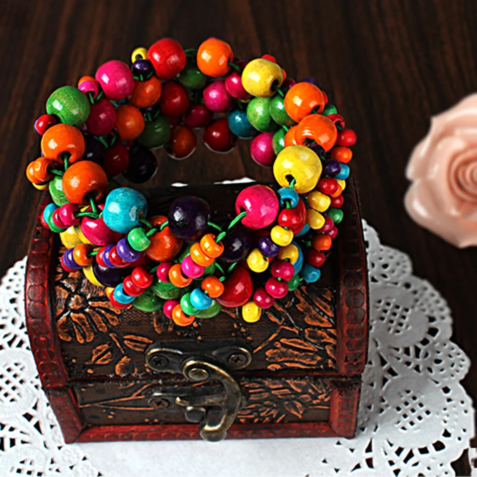 1 Pc Multi-Color Wooden Beaded Stretchy Bracelet Colorful Exotic Style Elastic Bracelets For Women Girls Children view 2